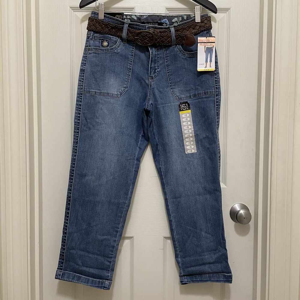 NEW One 5 One 151 Cropped‎ Pants Jeans Braided Belt Medium Wash Denim Sz 8 NWT